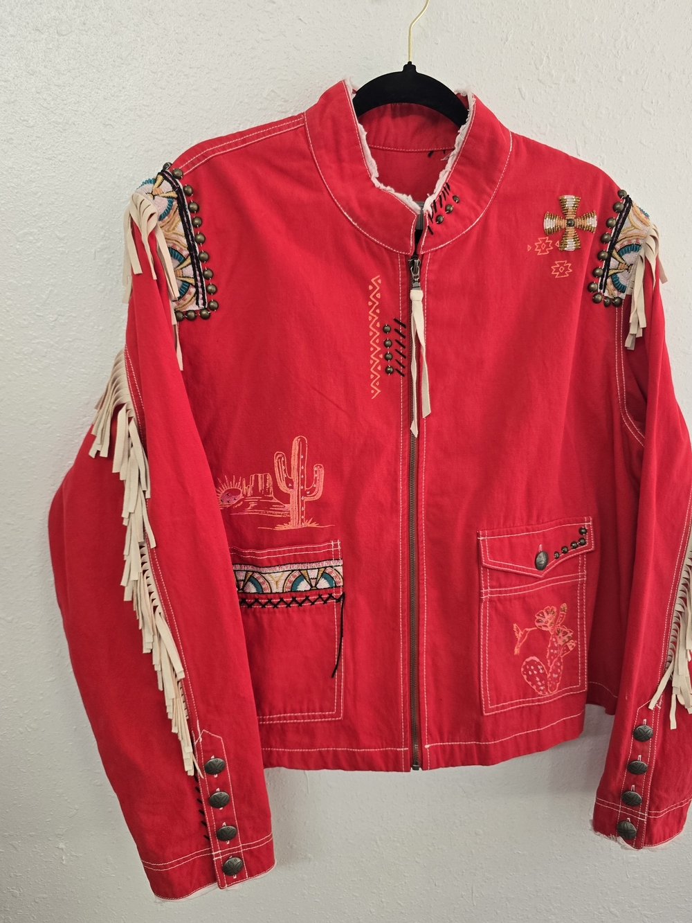Double D Ranch Red Beaded Fringe Western Pictograph Zip Jacket Size 1X - Picture 3 of 15